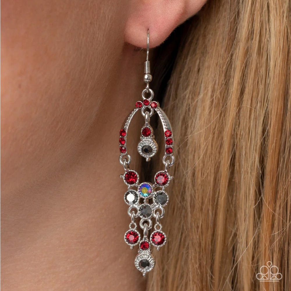 New Silver Red Dangle Earrings. Paparazzi Sophisticated Starlet shiny sparkle